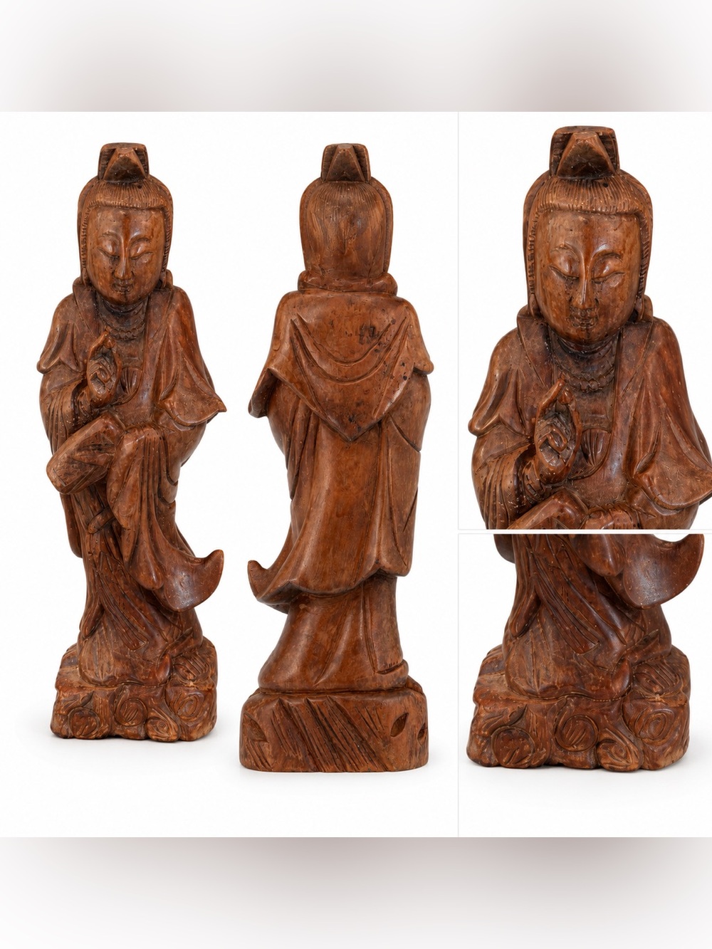 Hand Carved Wooden Kwan Yin Guanyin Goddess Statue Figure 11.5” Asian Decor
